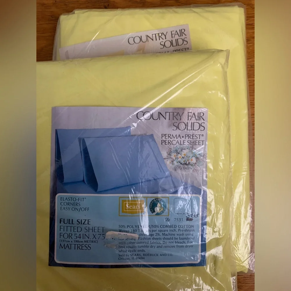 Vtg Sears Slumber Shop Country Fair Solids Full Size Sheets Flat&Fitted Yellow